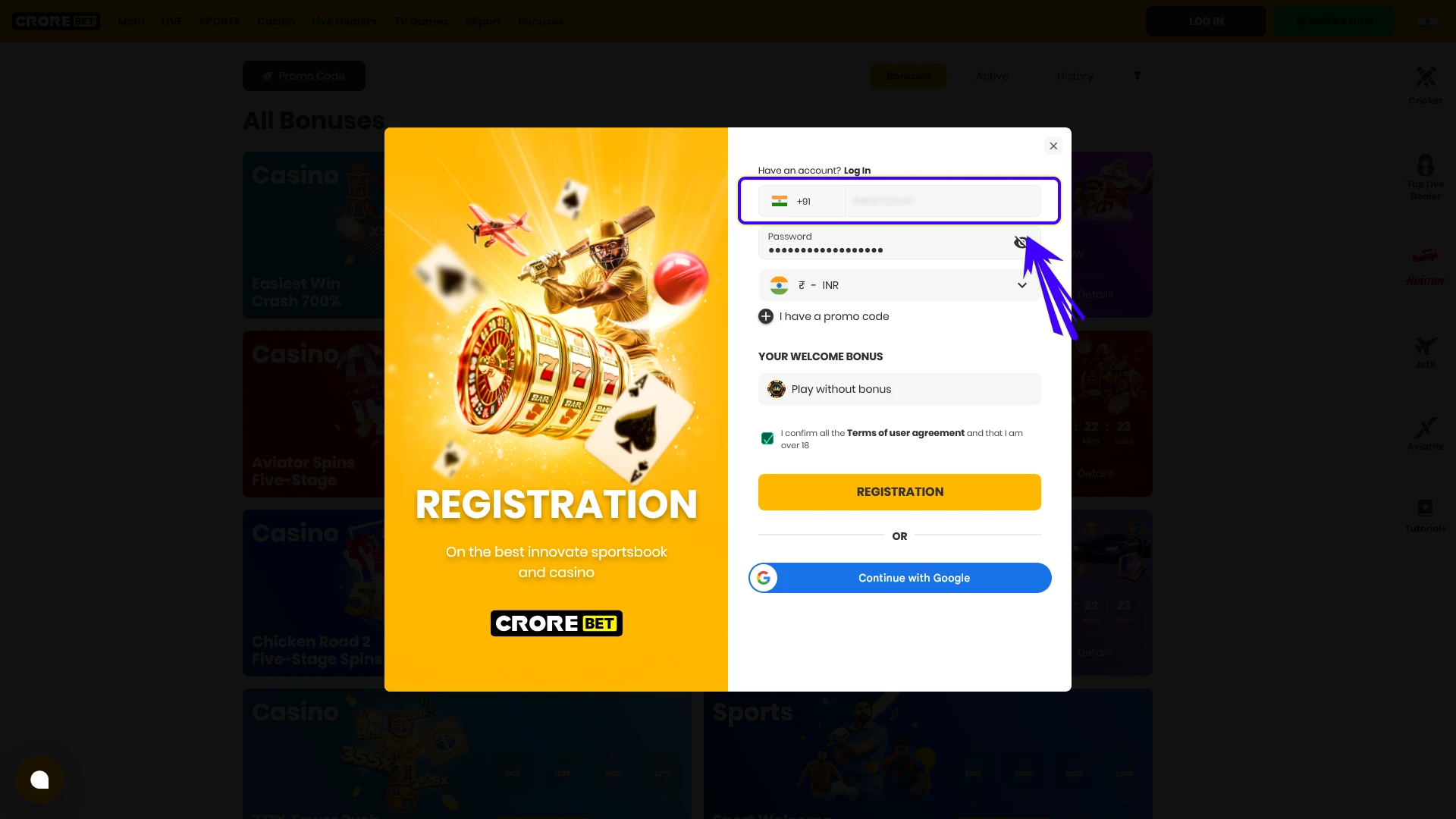 Provide personal data to finish your Crorebet Sign Up.