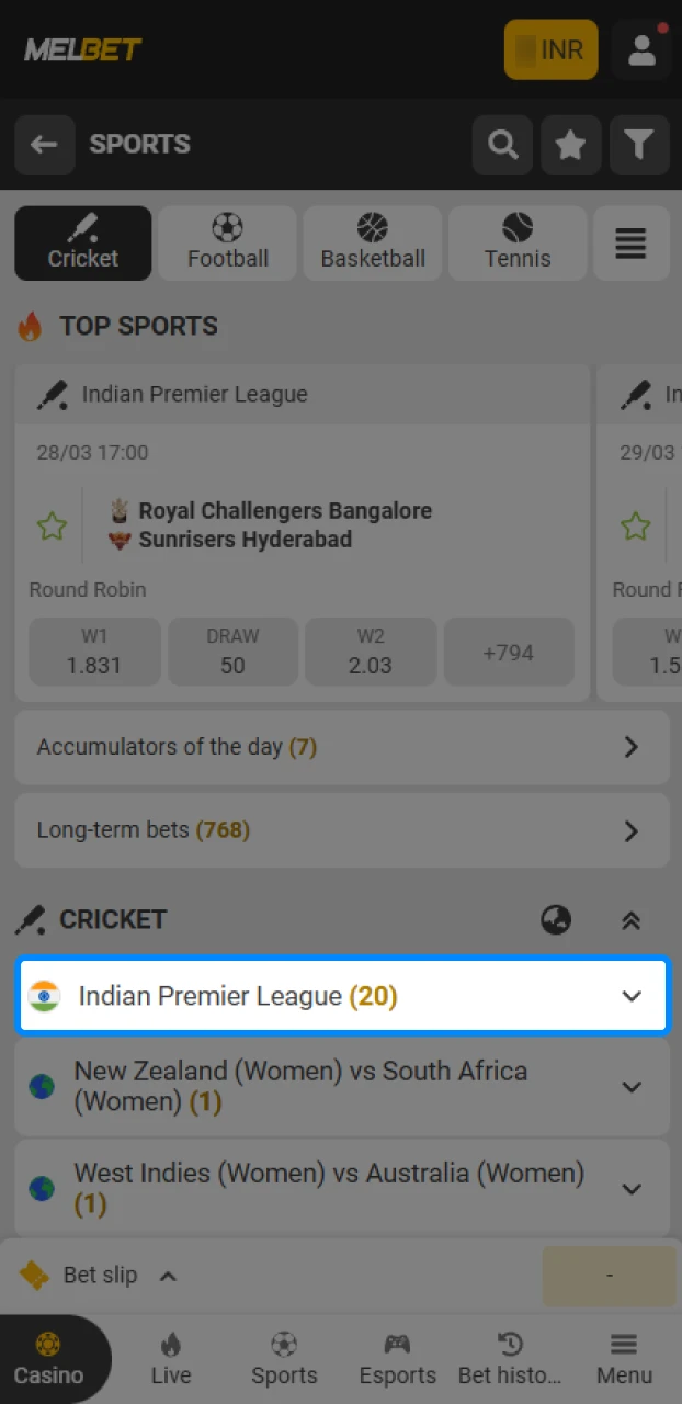 How to find specific cricket matches and betting markets within an IPL betting app.