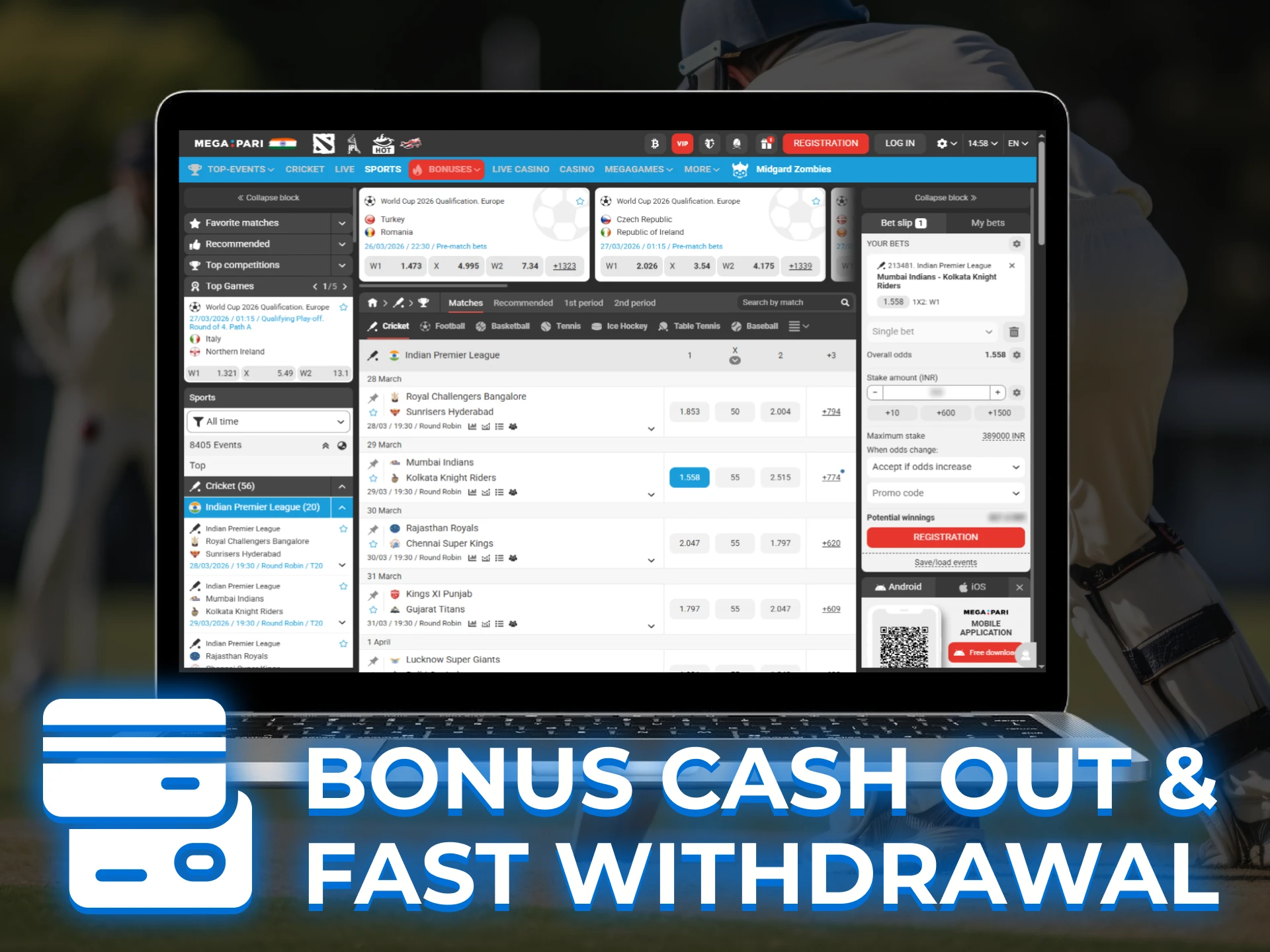 Cashing out IPL betting bonus winnings on an iOS app.