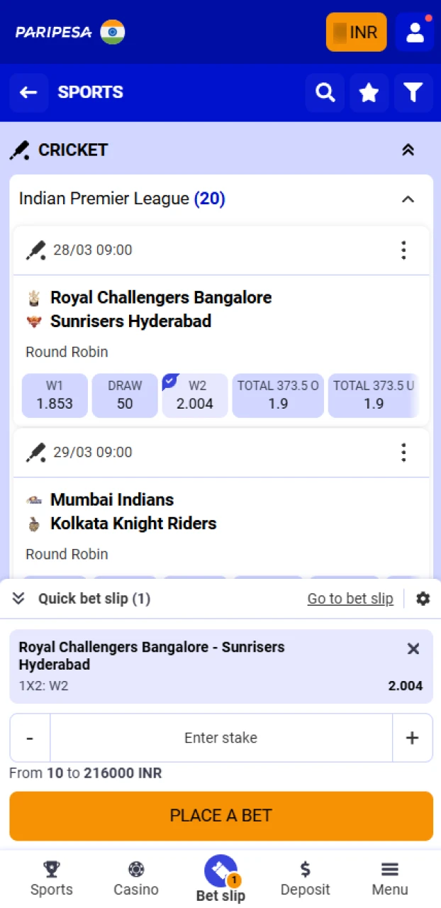 A user selecting a cricket match and placing a wager using their deposited funds on an IPL betting site for the 2026 season.