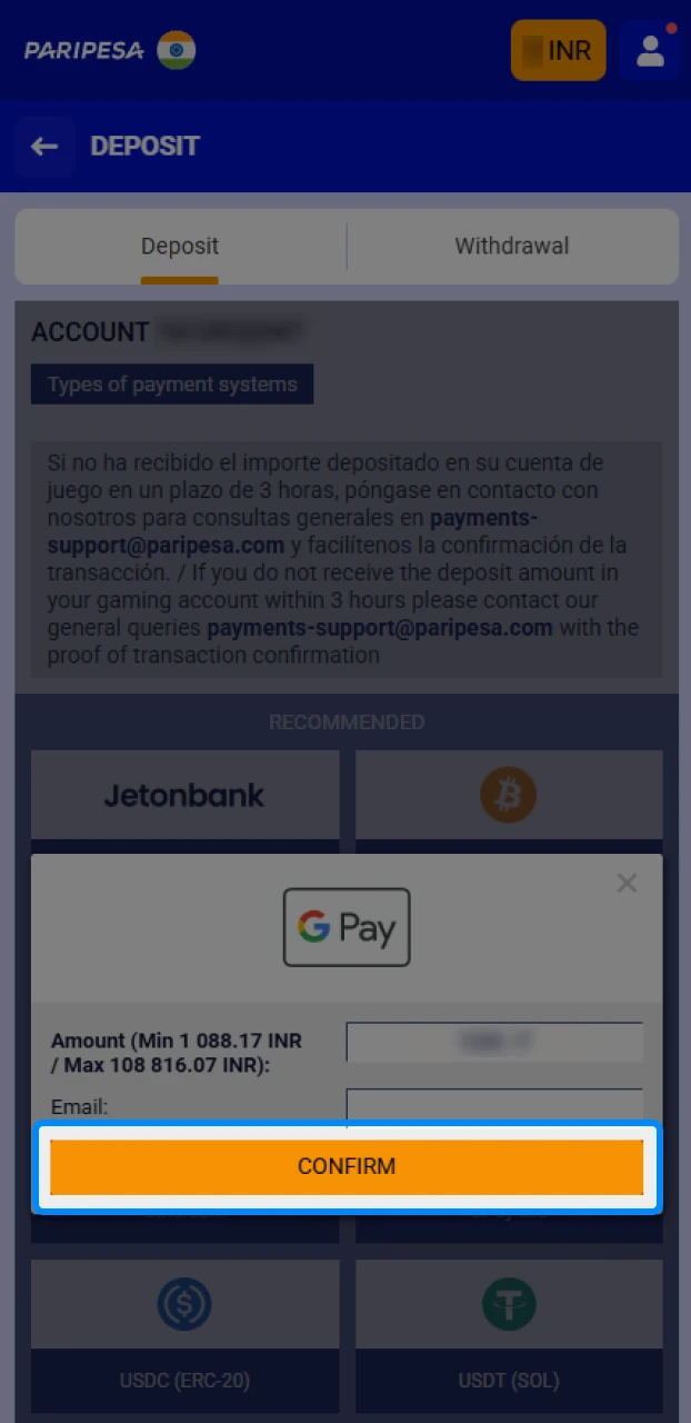 Completing a deposit on an IPL betting app via a mobile device.