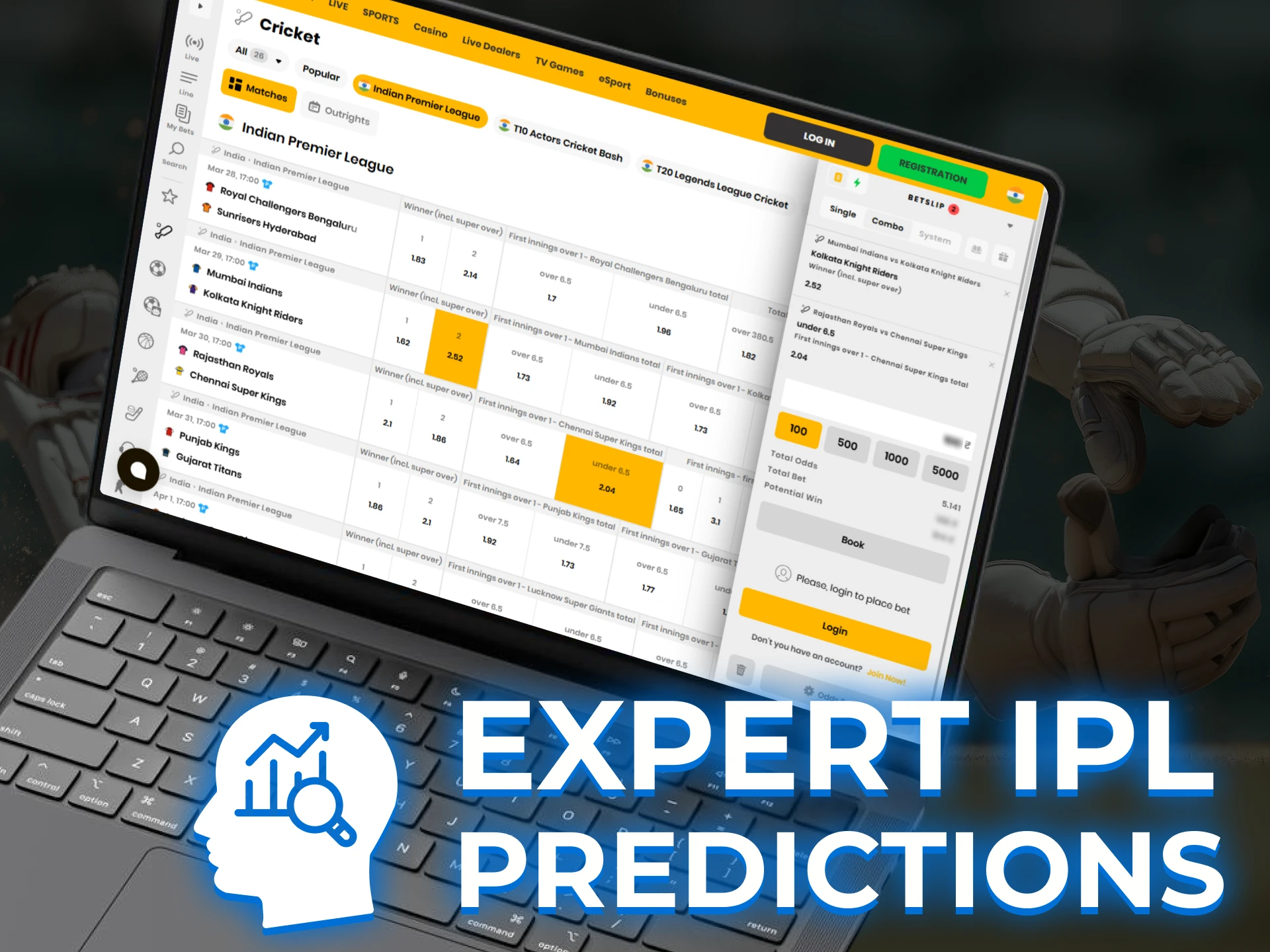 A webpage or mobile interface featuring IPL match predictions, expert analysis, and statistical insights for the 2026 cricket season.