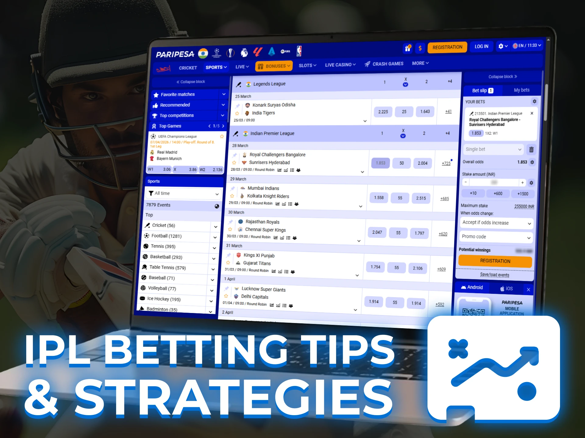 A person reviewing IPL betting tips, match analysis, and statistical insights for the 2026 cricket season on a mobile device.